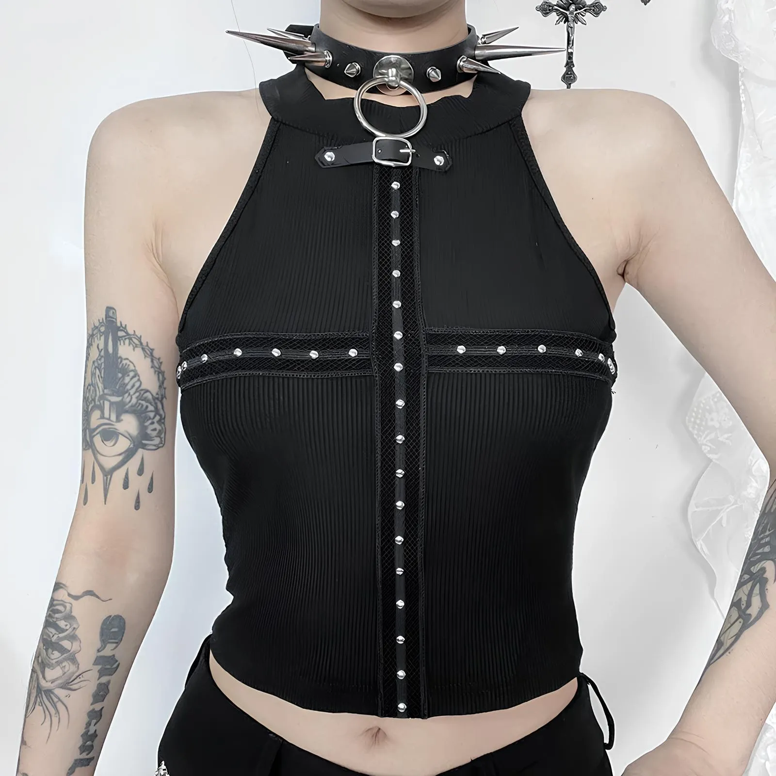 Goth Rivet Mesh Patchwork Crop Top
