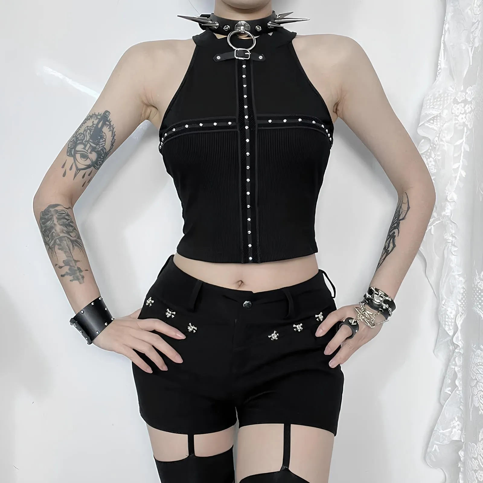 Goth Rivet Mesh Patchwork Crop Top