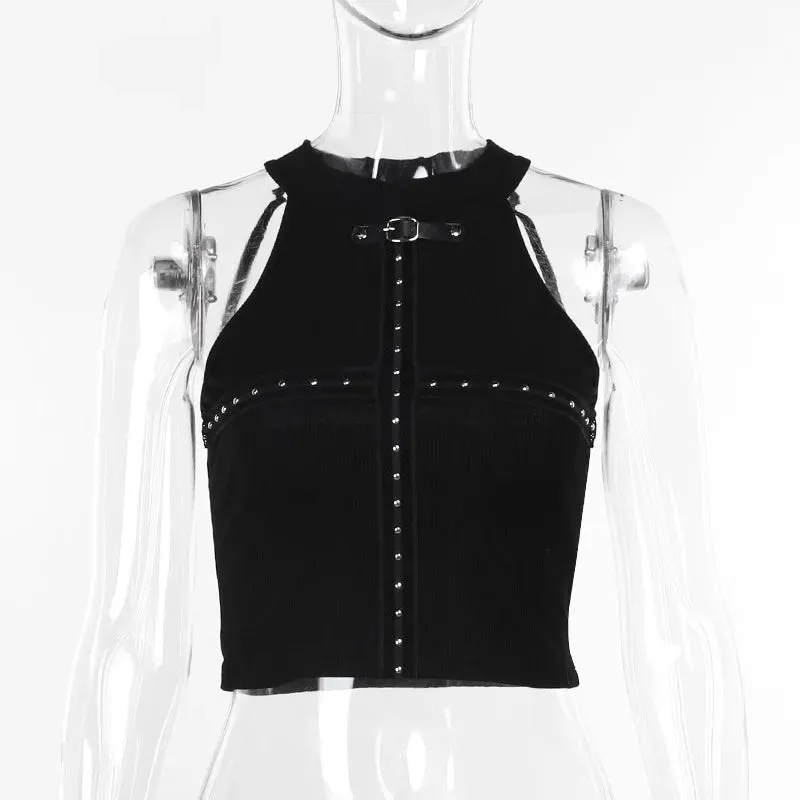 Goth Rivet Mesh Patchwork Crop Top