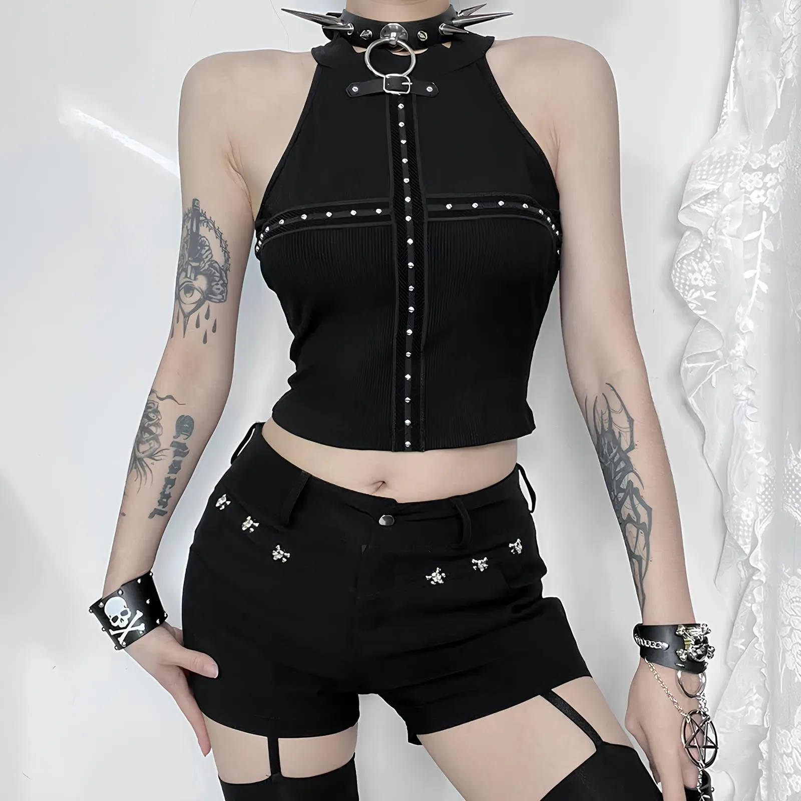 Goth Rivet Mesh Patchwork Crop Top