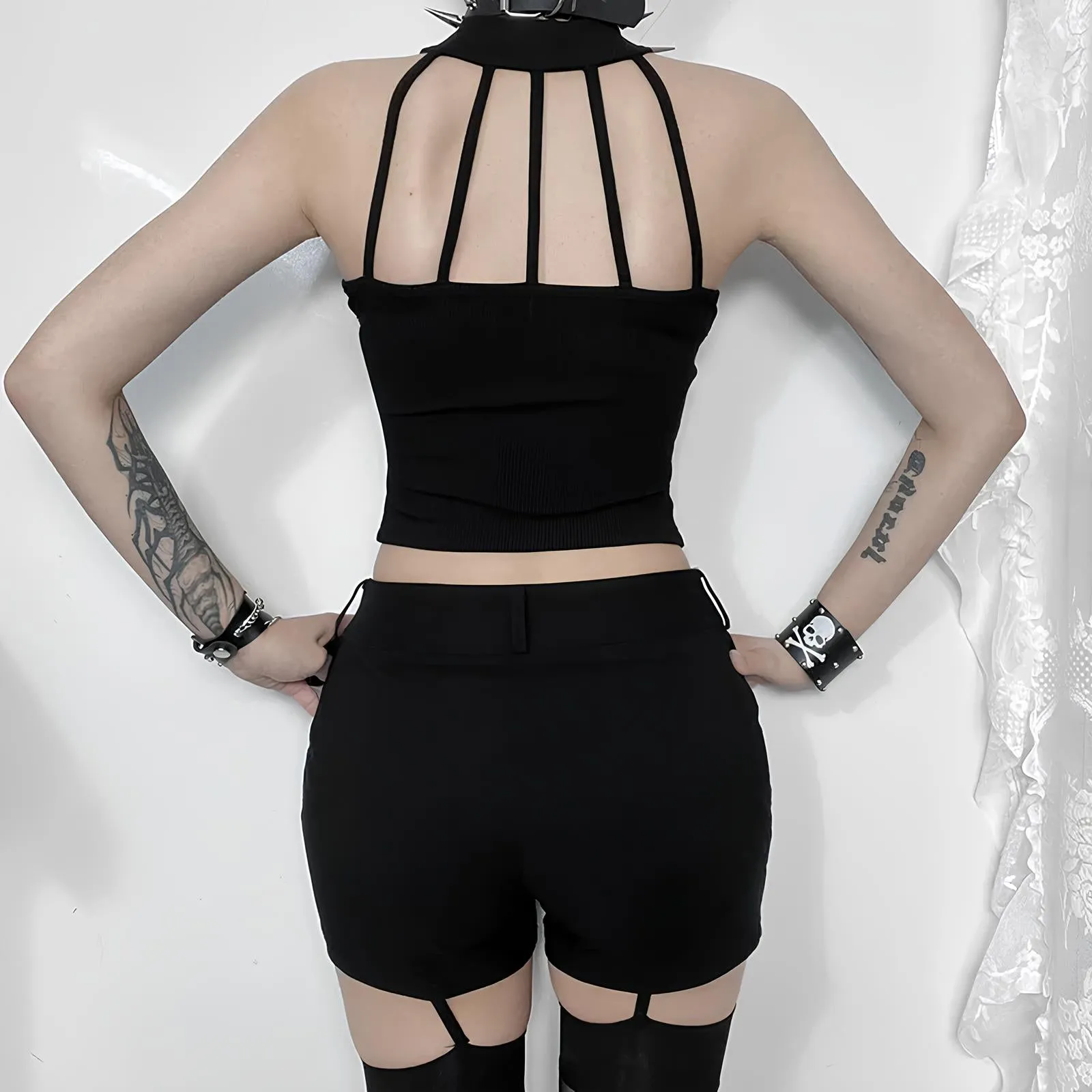 Goth Rivet Mesh Patchwork Crop Top