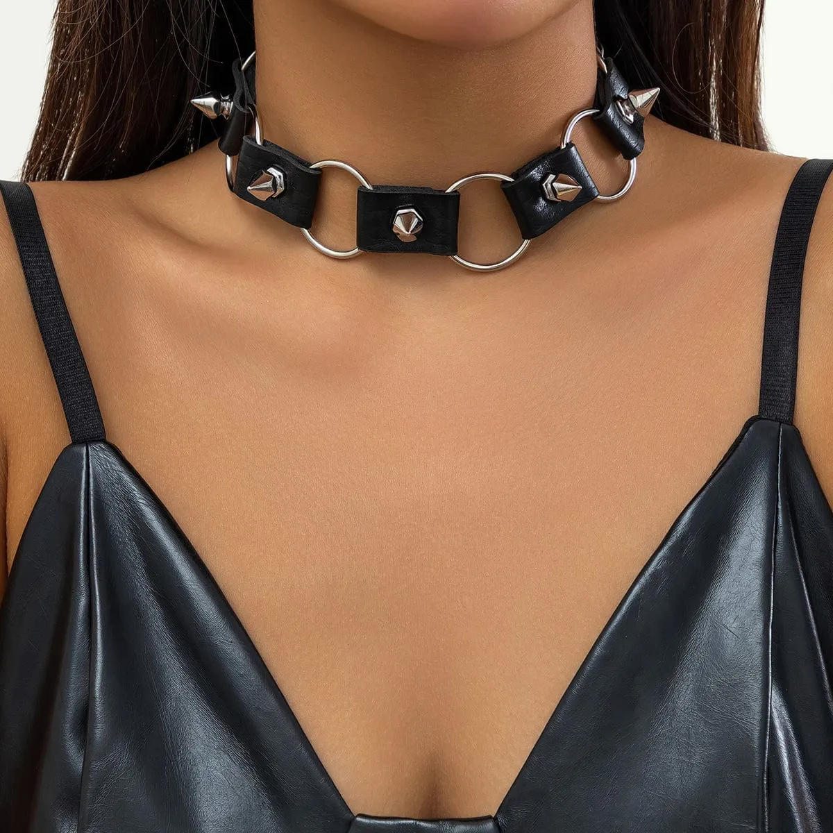 Gothic Black PU Leather Circle Chunky Choker Necklace
