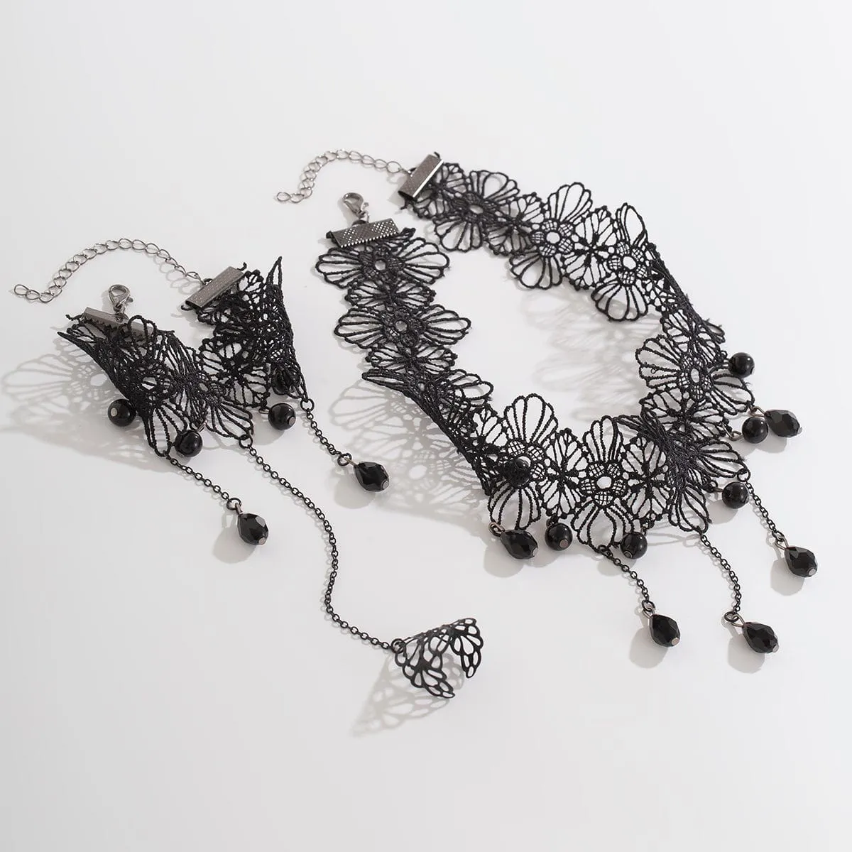 Gothic Crystal Tassel Floral Lace Finger Ring Bracelet Necklace Set