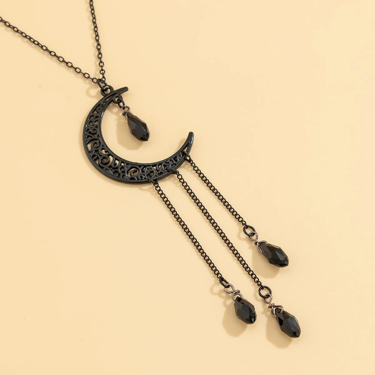 Gothic CZ Tassel Moon Pendant Necklace