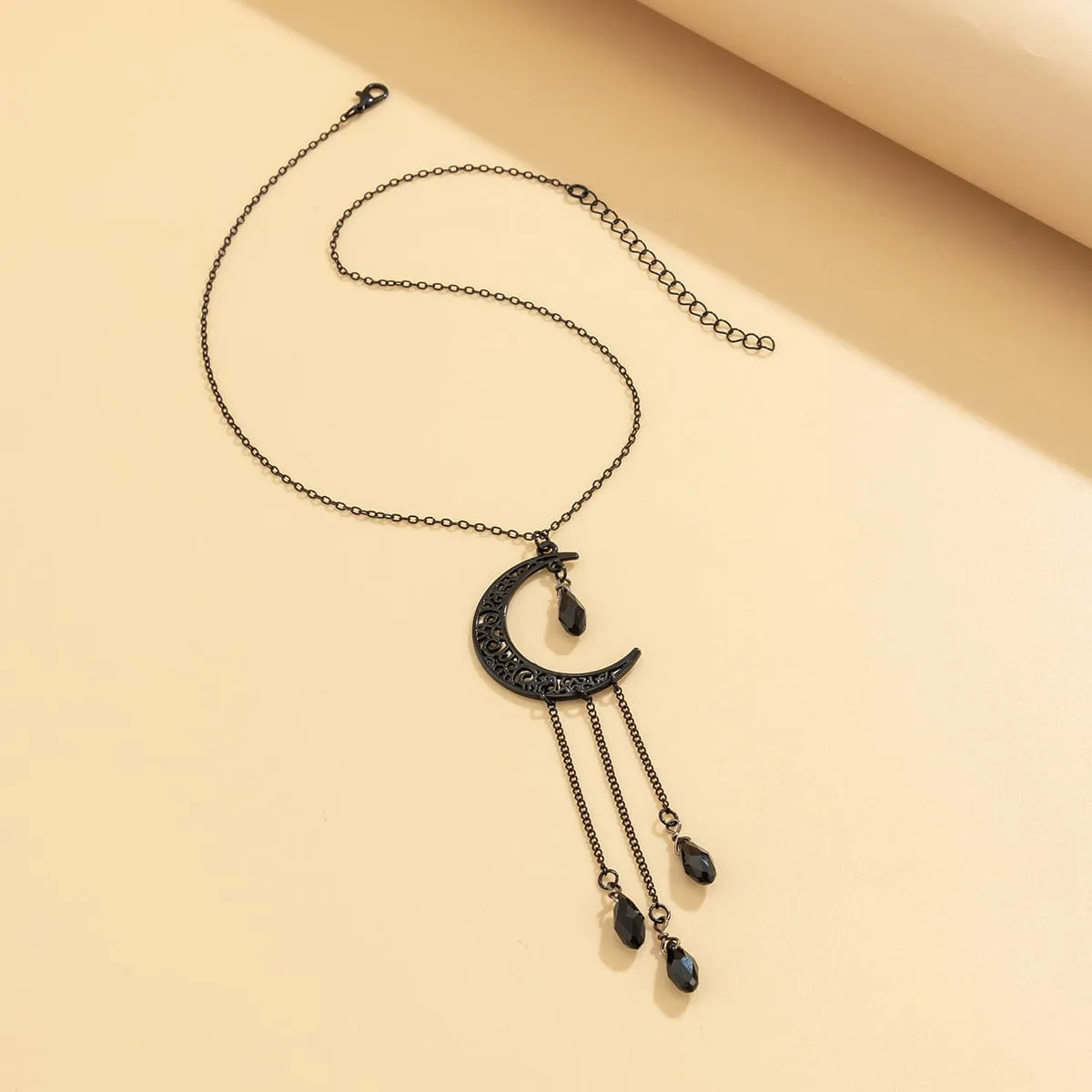 Gothic CZ Tassel Moon Pendant Necklace
