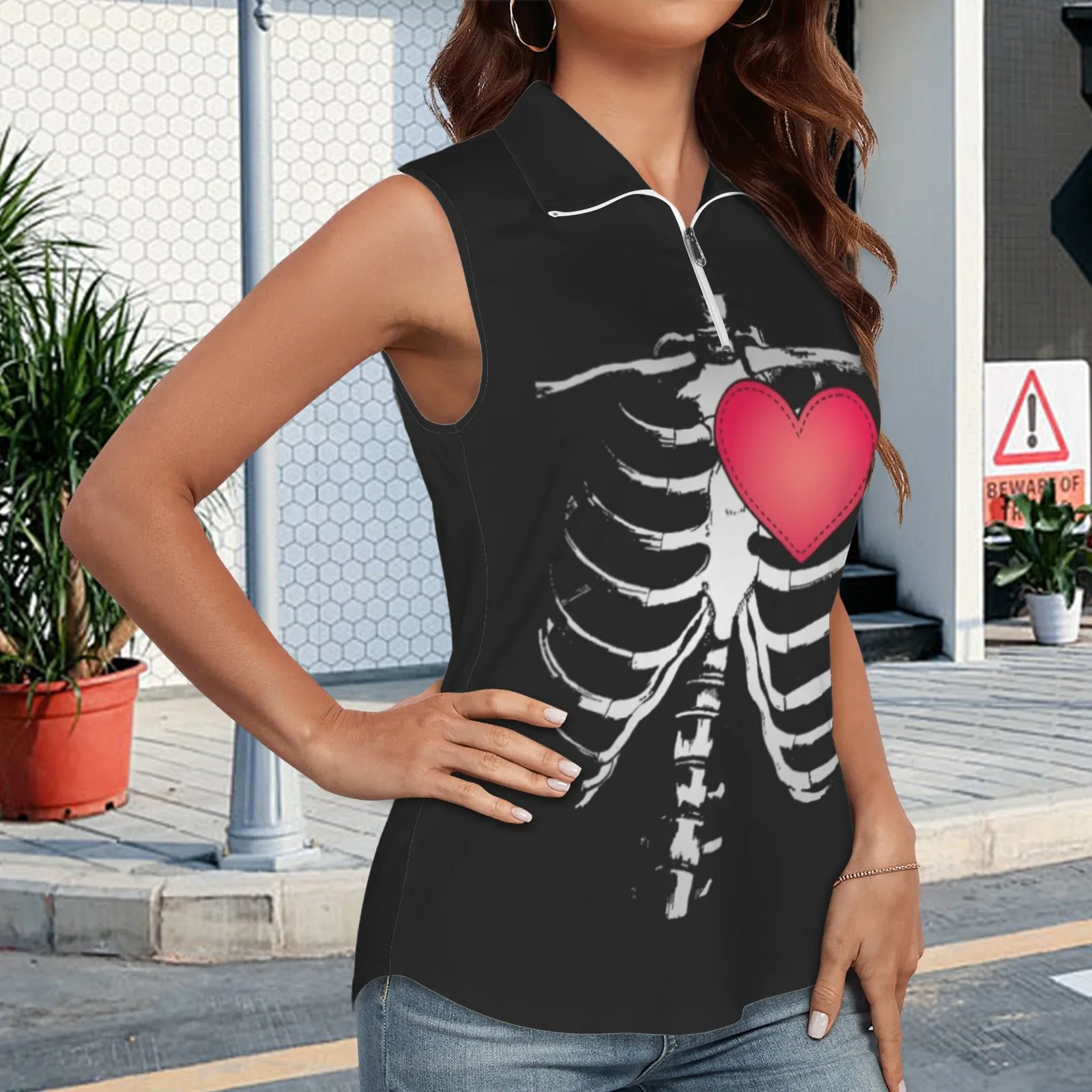 Gothic Heart Zip Up Sleeveless Top