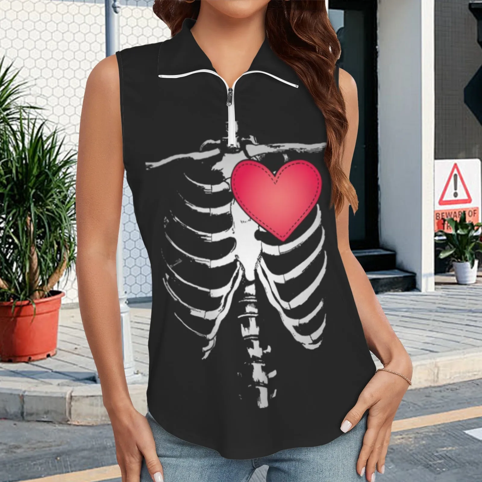 Gothic Heart Zip Up Sleeveless Top