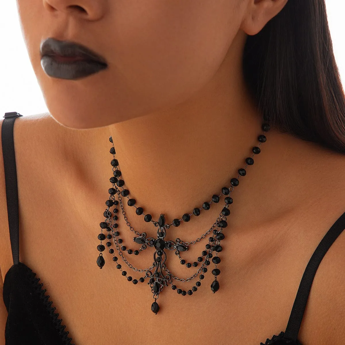 Gothic Layered Cross Pendant Crystal Chain Choker Necklace