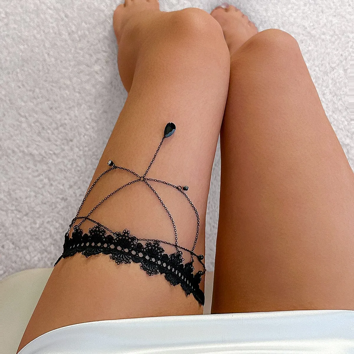 Gothic Layered Rhinestone Crystal Charm Elastic Lace Thigh Leg Chain