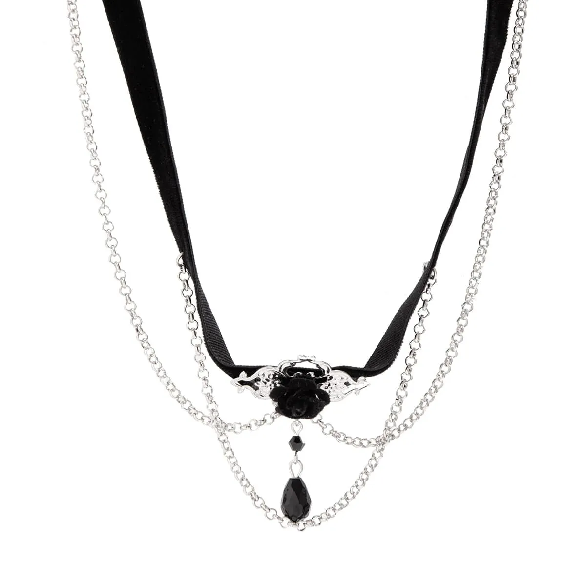 Gothic Layered Rose Rhinestone Pendant Choker Necklace