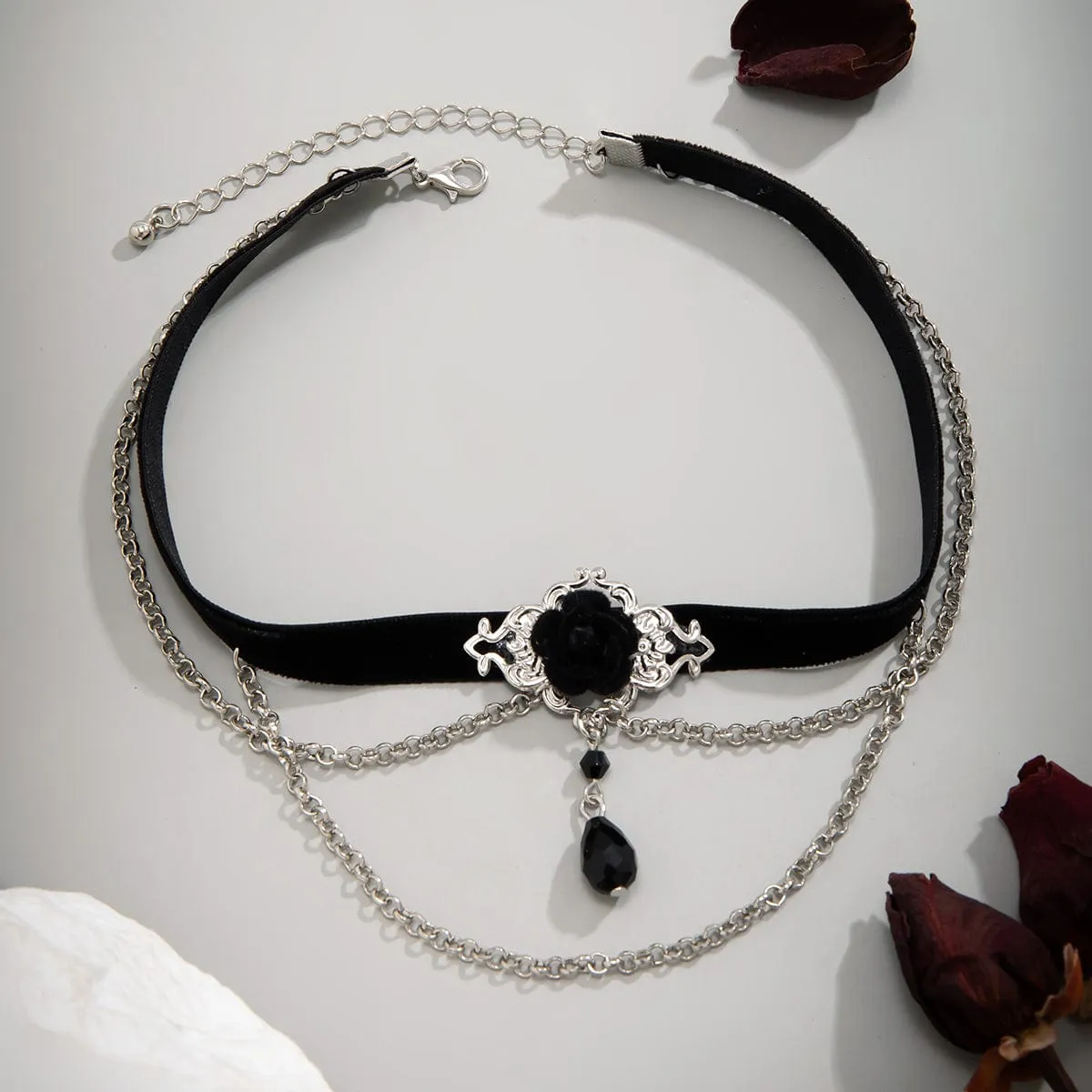 Gothic Layered Rose Rhinestone Pendant Choker Necklace