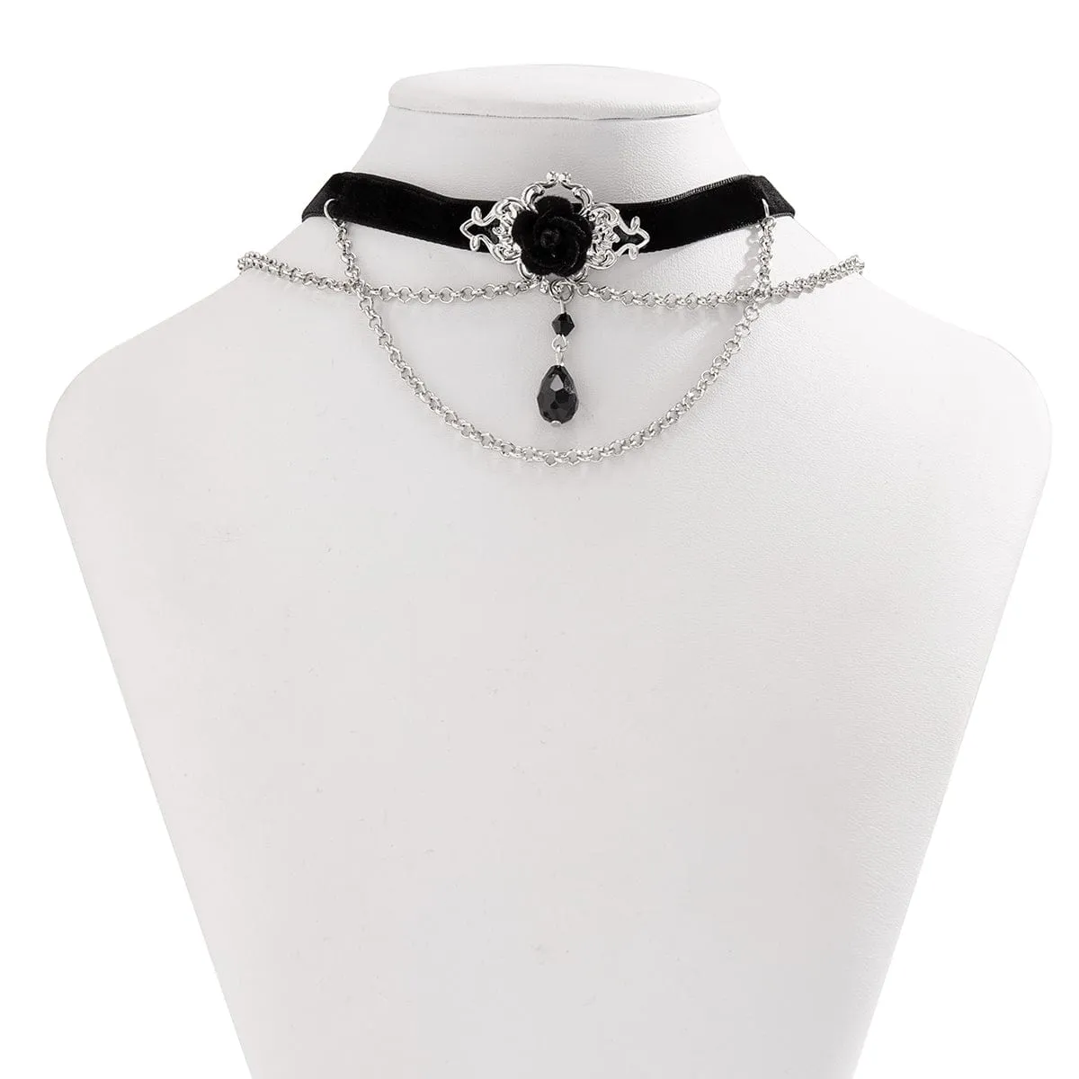 Gothic Layered Rose Rhinestone Pendant Choker Necklace