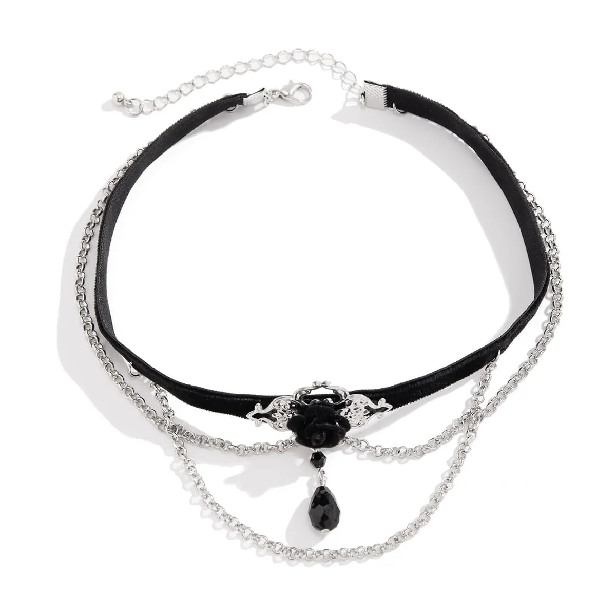 Gothic Layered Rose Rhinestone Pendant Choker Necklace