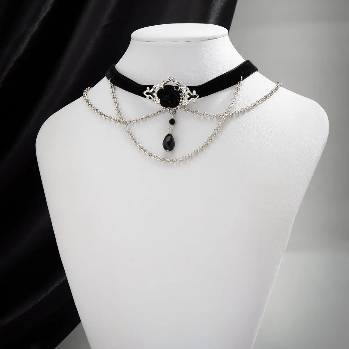 Gothic Layered Rose Rhinestone Pendant Choker Necklace