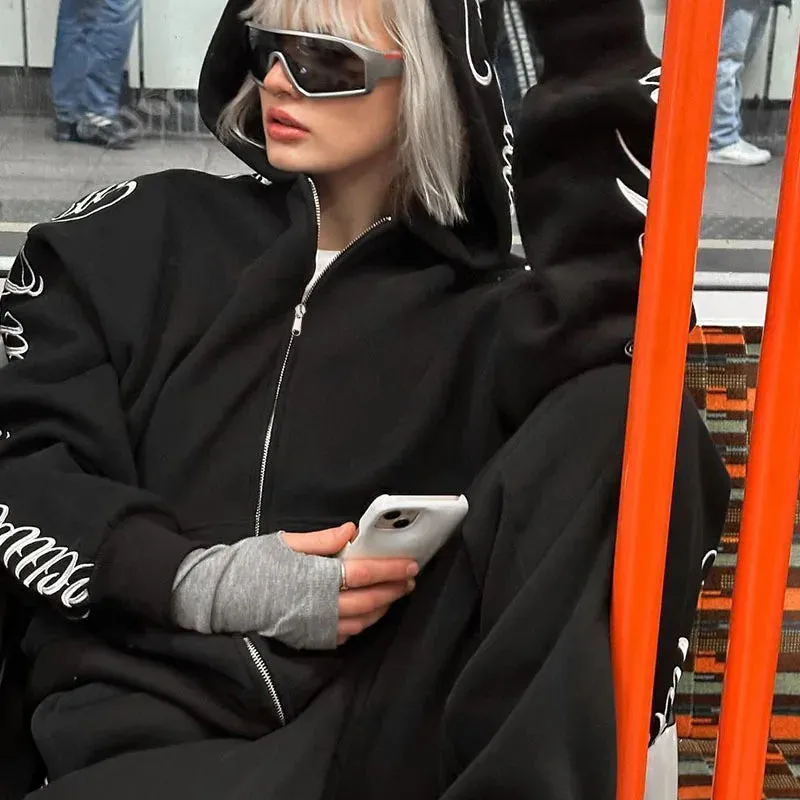 Gothic Letter Embroidery Zip-Up Hoodie & Sweatpants Set – Y2K Hip Hop Casual Streetwear