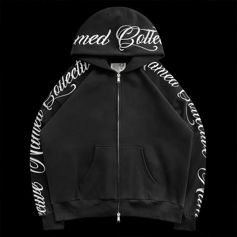 Gothic Letter Embroidery Zip-Up Hoodie & Sweatpants Set – Y2K Hip Hop Casual Streetwear
