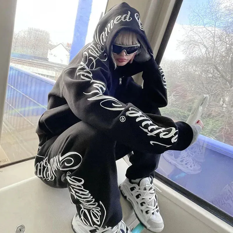 Gothic Letter Embroidery Zip-Up Hoodie & Sweatpants Set – Y2K Hip Hop Casual Streetwear