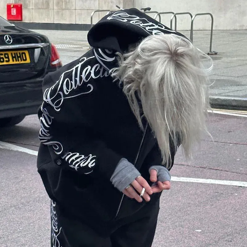 Gothic Letter Embroidery Zip-Up Hoodie & Sweatpants Set – Y2K Hip Hop Casual Streetwear
