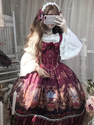 Gothic Lolita Dresses Bows Lace Floral Print Burgundy Burgundy