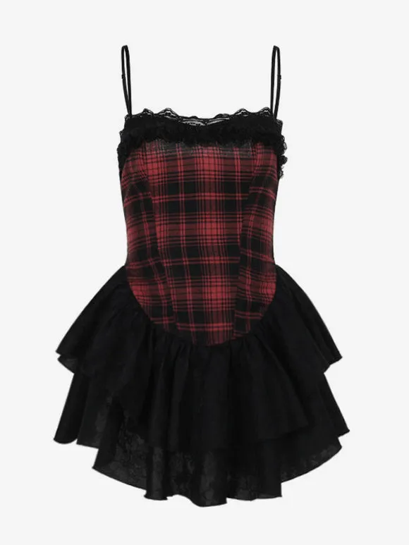 Gothic Lolita Dresses Lace Plaid Red Romance Gothic Lolita
