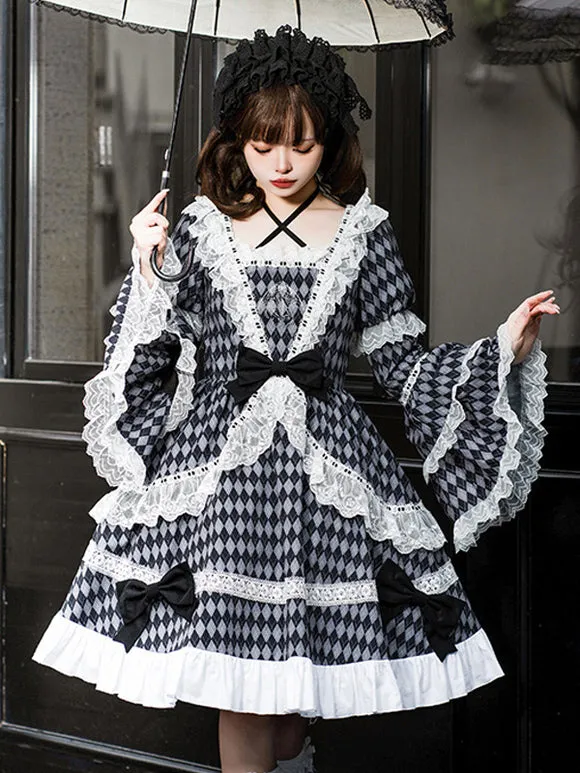Gothic Lolita Dresses Lace Ruffles Plaid Black Black
