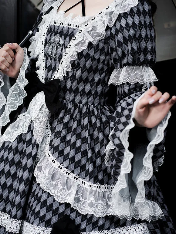Gothic Lolita Dresses Lace Ruffles Plaid Black Black