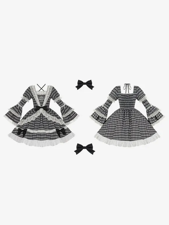 Gothic Lolita Dresses Lace Ruffles Plaid Black Black