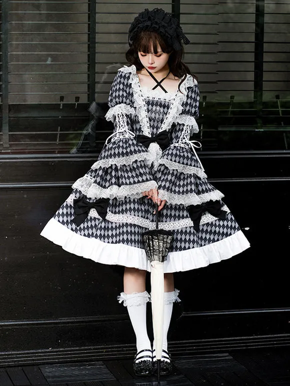 Gothic Lolita Dresses Lace Ruffles Plaid Black Black