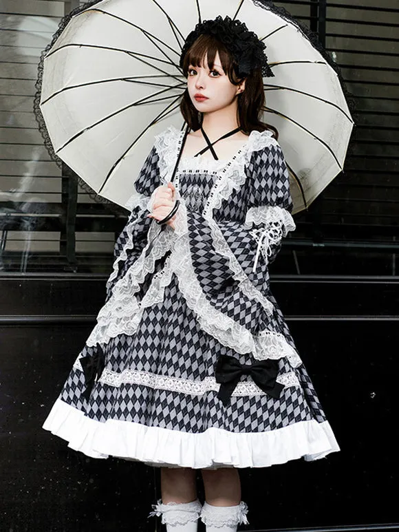 Gothic Lolita Dresses Lace Ruffles Plaid Black Black