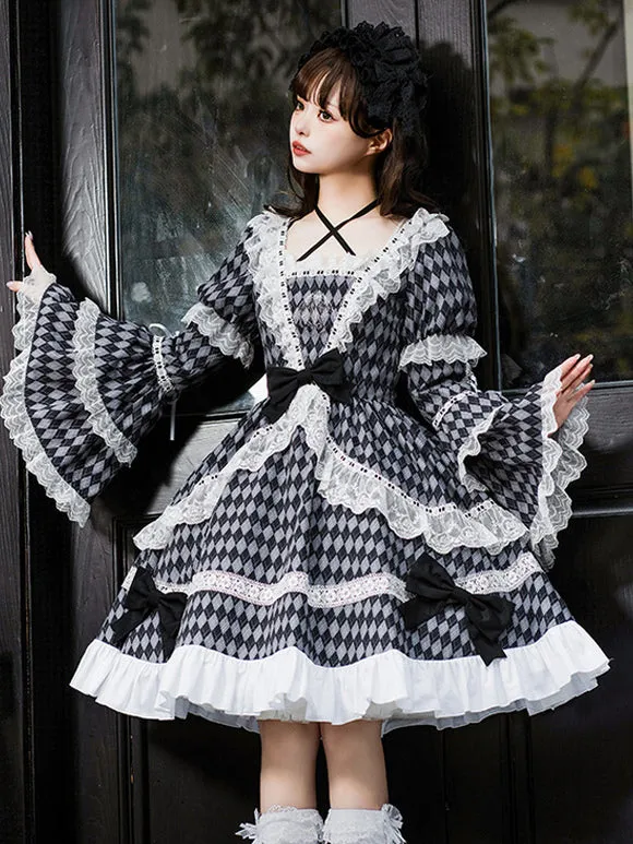 Gothic Lolita Dresses Lace Ruffles Plaid Black Black