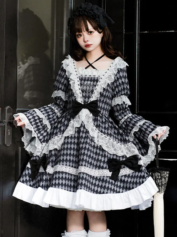 Gothic Lolita Dresses Lace Ruffles Plaid Black Black