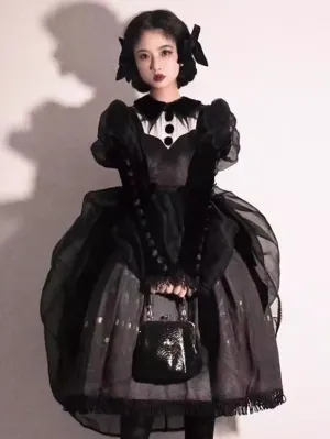 Gothic Lolita Dresses Ruffles Bows Floral Print Black Lace Trimmed Dress Wedding Lolita Dress
