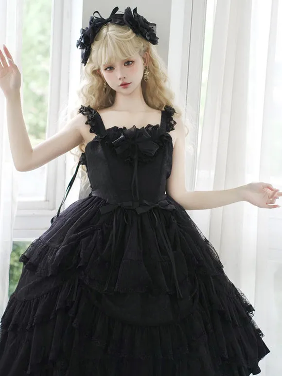 Gothic Lolita Dresses Ruffles Tiered Lace Black Black