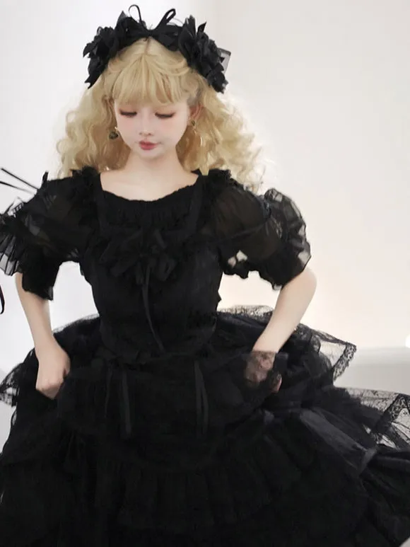 Gothic Lolita Dresses Ruffles Tiered Lace Black Black