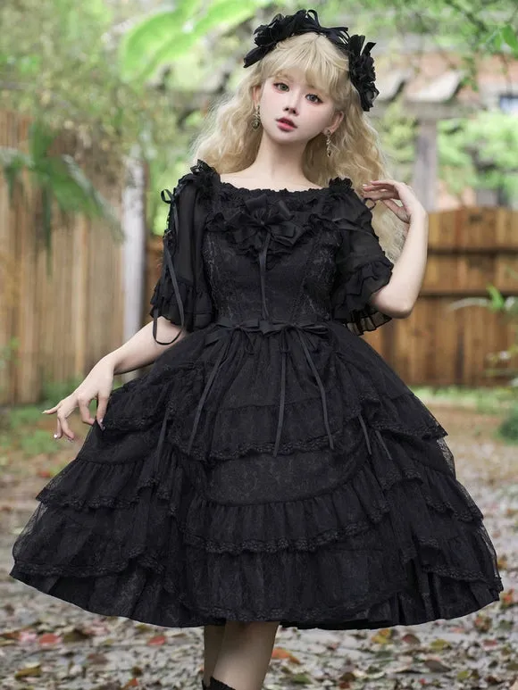 Gothic Lolita Dresses Ruffles Tiered Lace Black Black