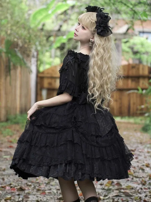 Gothic Lolita Dresses Ruffles Tiered Lace Black Black