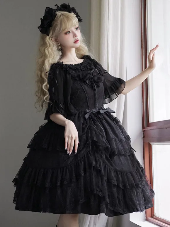 Gothic Lolita Dresses Ruffles Tiered Lace Black Black