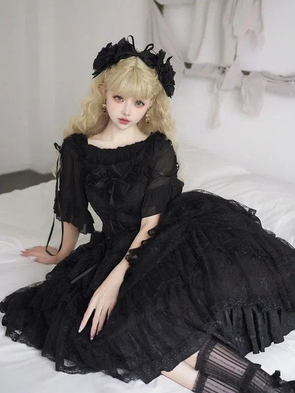 Gothic Lolita Dresses Ruffles Tiered Lace Black Black