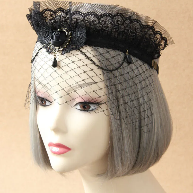 Gothic Lolita Jewelry Lace Jewel Metallic Chain Black Lolita Headdress