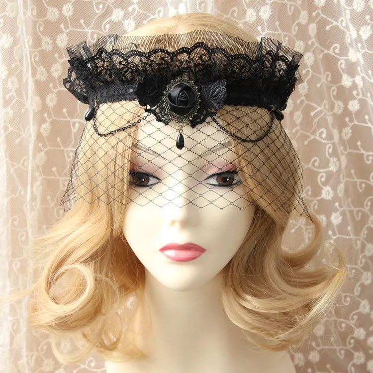 Gothic Lolita Jewelry Lace Jewel Metallic Chain Black Lolita Headdress