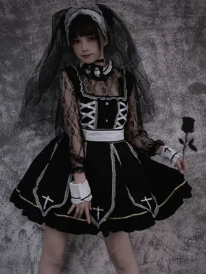 Gothic Lolita OP Dress Black Long Sleeves Lace Polyester Lolita One Piece Dress Outfit