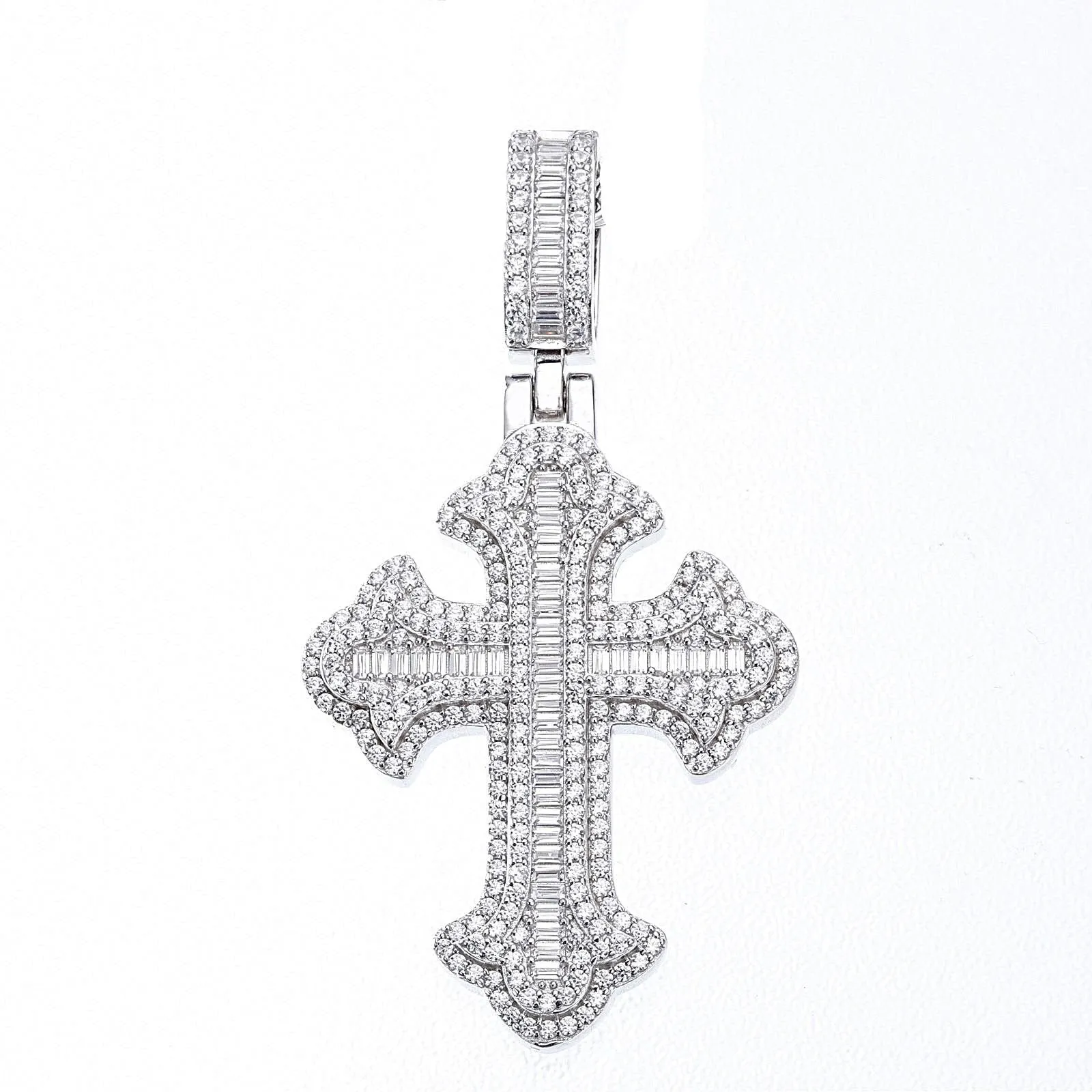 Gothic Tupac Fleur De Lis Cross Sterling Baguette Round Zirconia 1.5" Pendant Charm - C300059