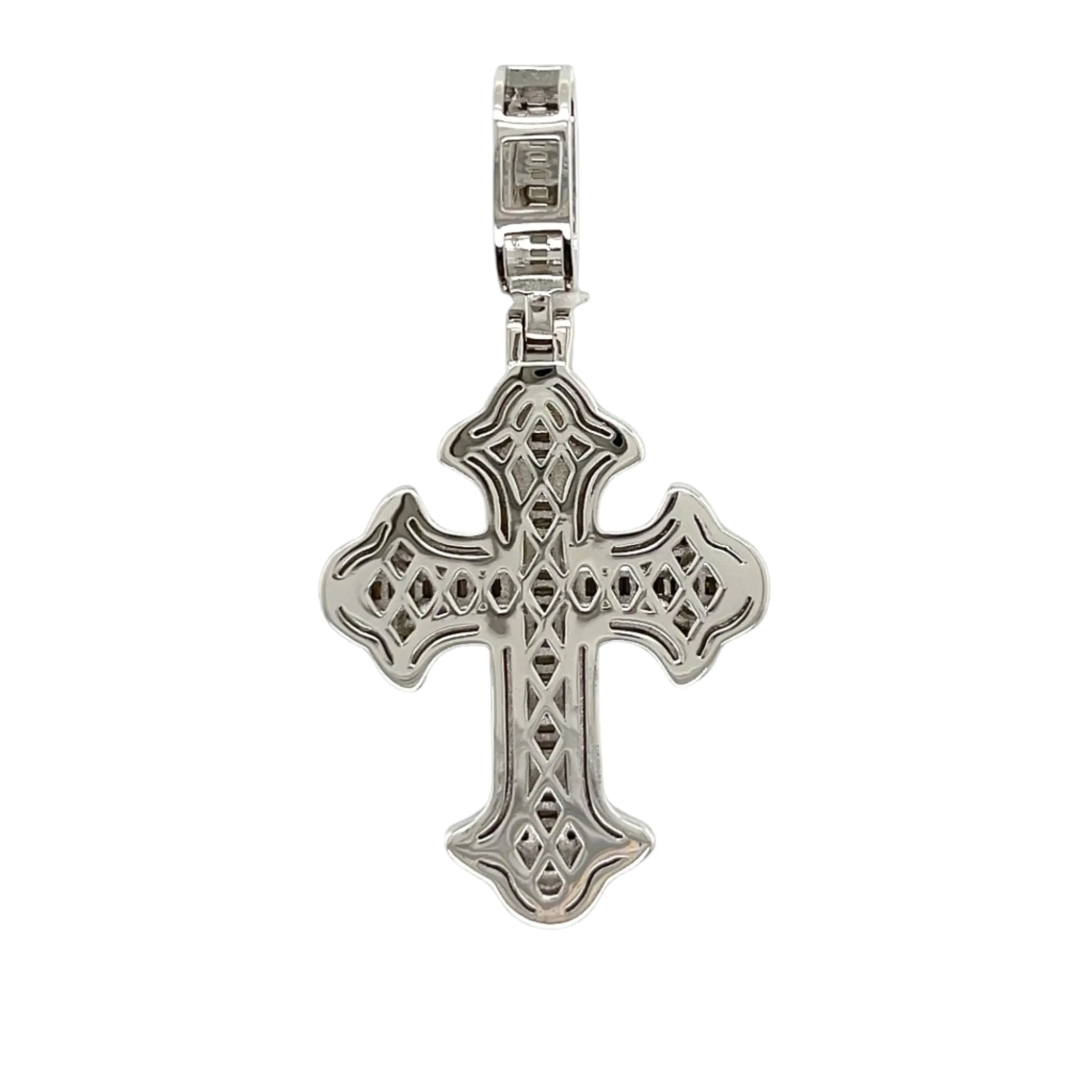 Gothic Tupac Fleur De Lis Cross Sterling Baguette Round Zirconia 1.5" Pendant Charm - C300059