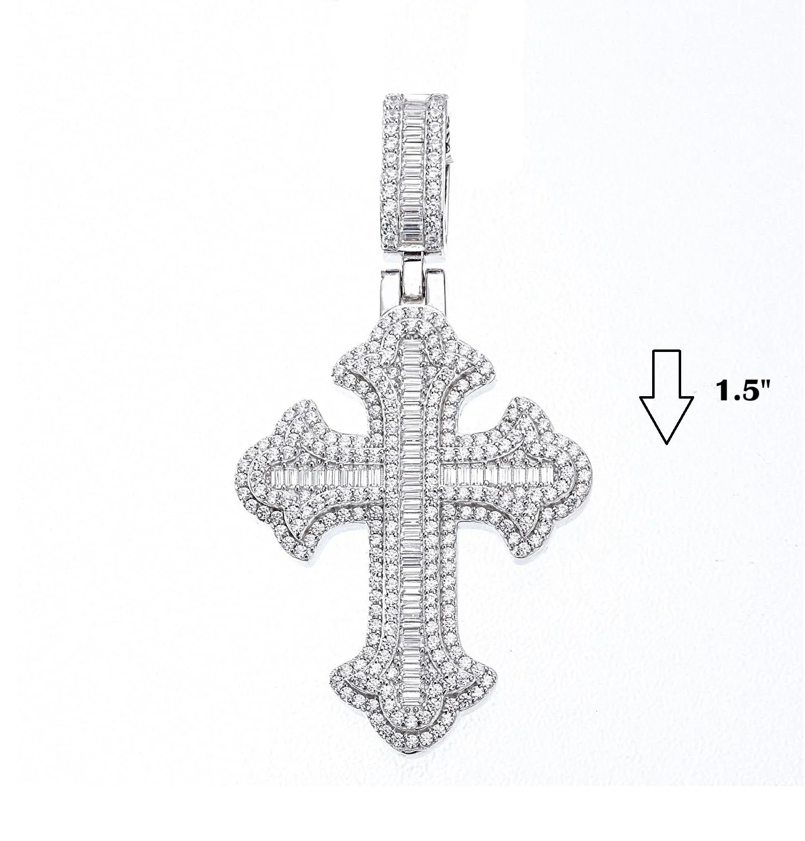 Gothic Tupac Fleur De Lis Cross Sterling Baguette Round Zirconia 1.5" Pendant Charm - C300059