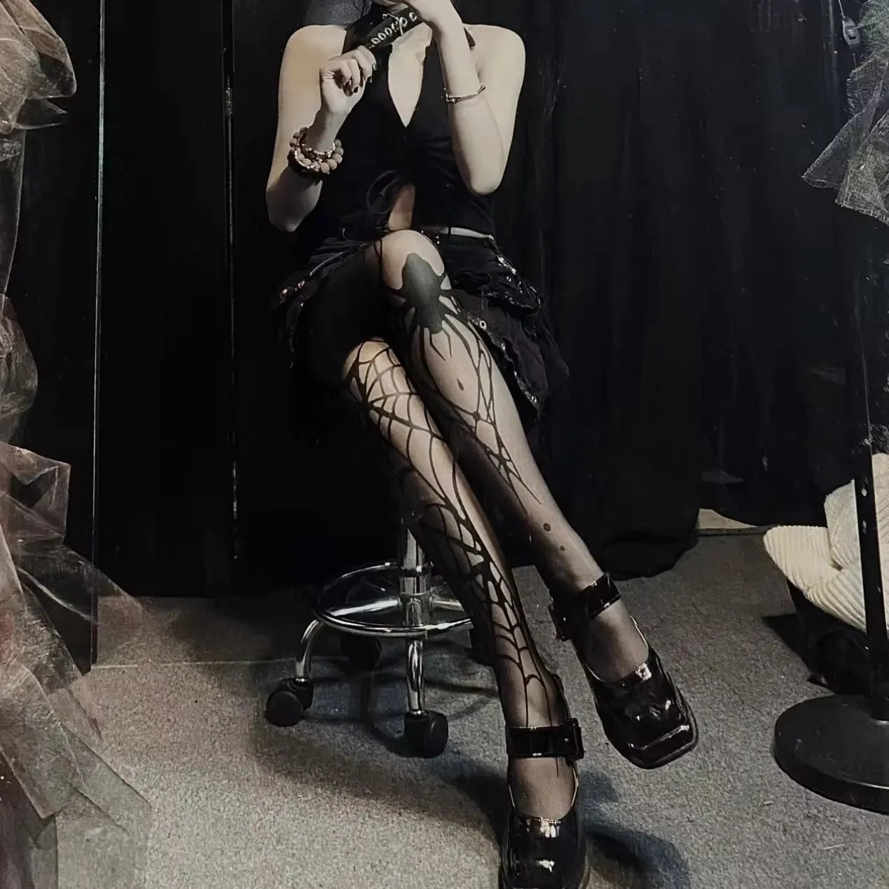 Gothic Vintage Dark Fishnet Tights Stocking Women Emo Alternative Sexy Spider Web Witch Pantyhose Y2k E-girl Cyber Punk Socks