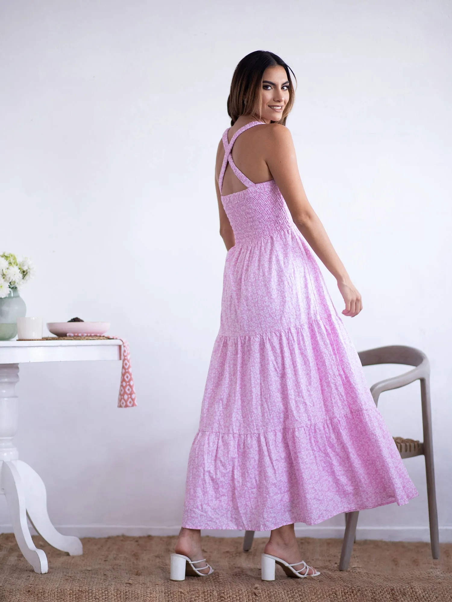 Halter Neck Smocked Detailed Tiered Maxi Dress