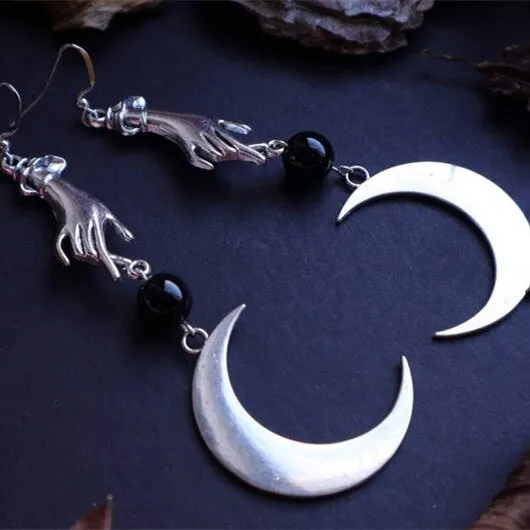 Hand &amp; Moon Stone Gothic Earrings Big Vikings Witchy Medieval Boho Creativity Punk Jewellery Women Fashion Gift