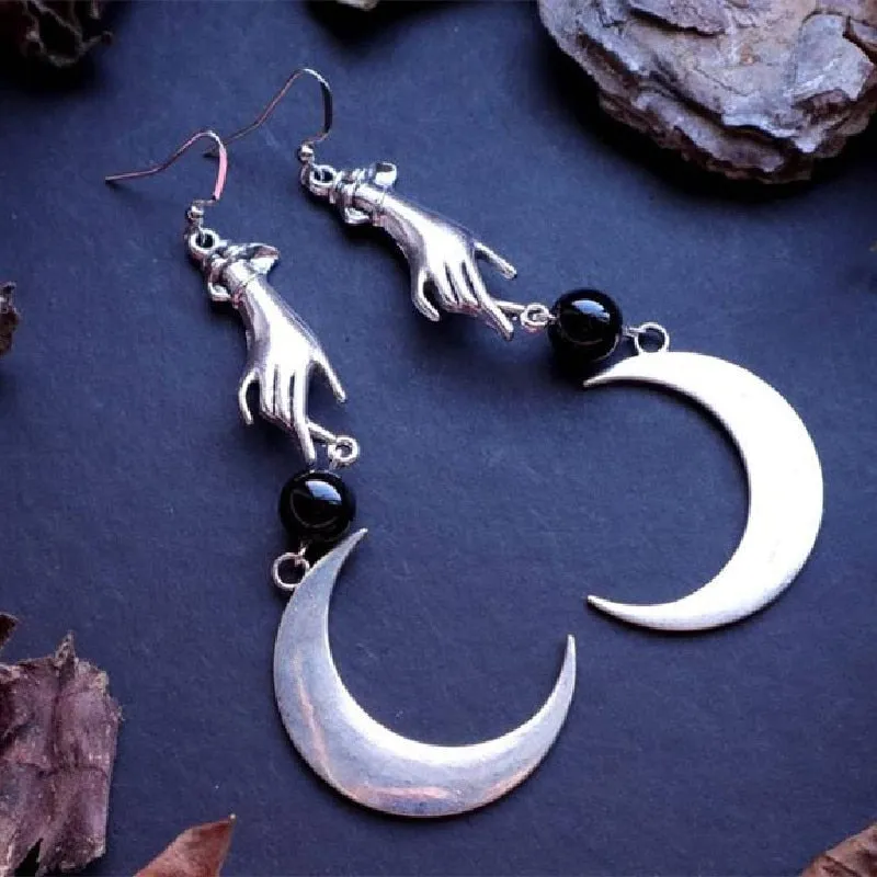 Hand &amp; Moon Stone Gothic Earrings Big Vikings Witchy Medieval Boho Creativity Punk Jewellery Women Fashion Gift