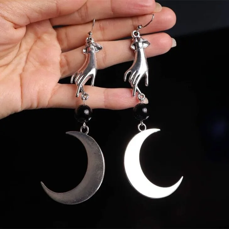 Hand &amp; Moon Stone Gothic Earrings Big Vikings Witchy Medieval Boho Creativity Punk Jewellery Women Fashion Gift