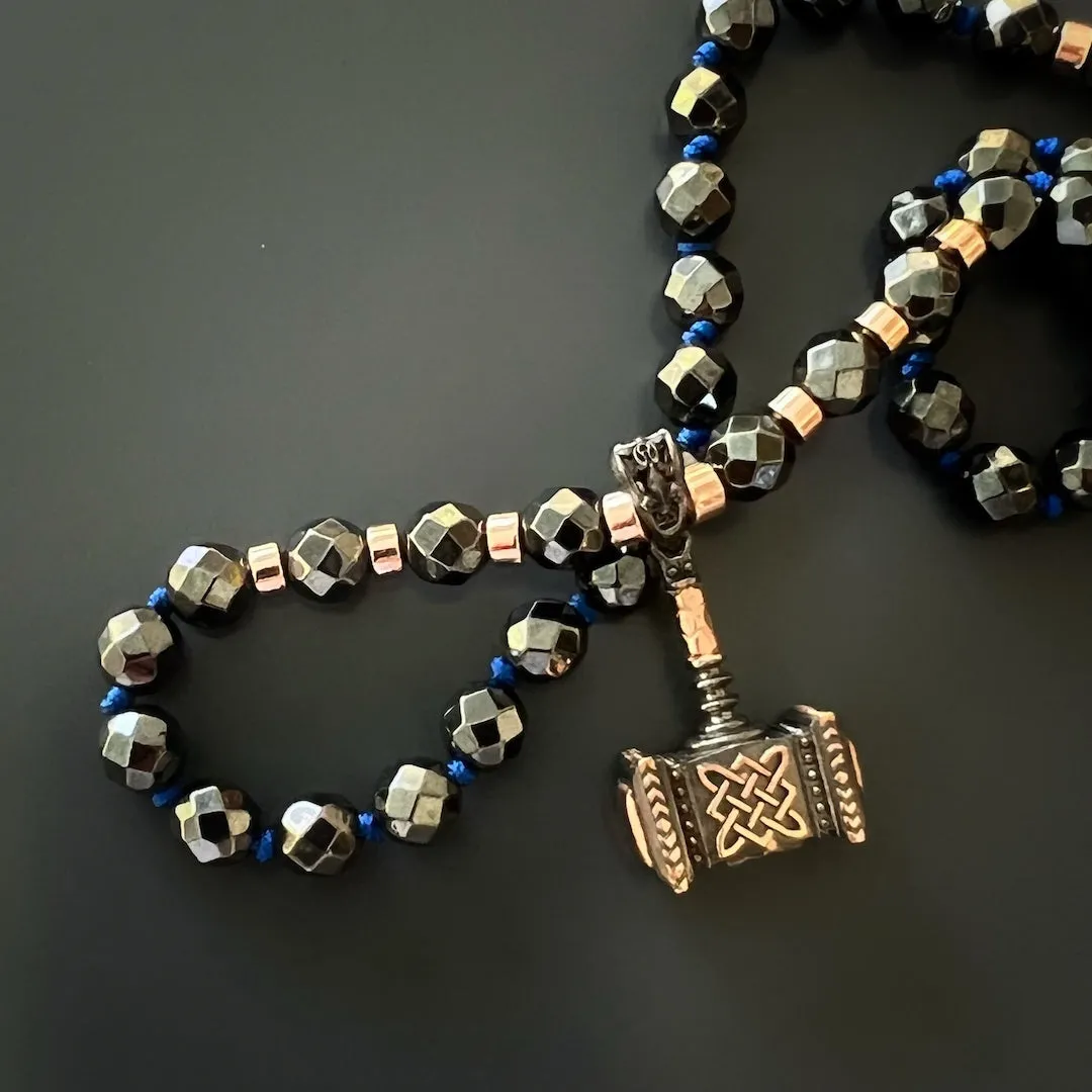 Hematite Stone Beaded Sterling Silver Thor Hammer Pendant Necklace